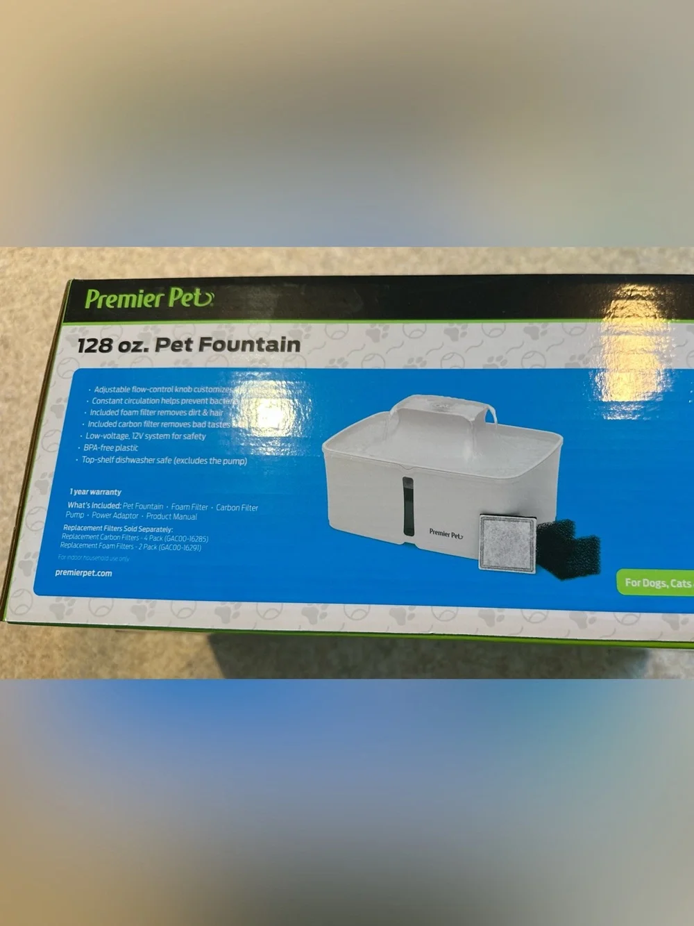 Premier Pet 128 oz. Grey Pet Fountain w/ extra filters- like new in box